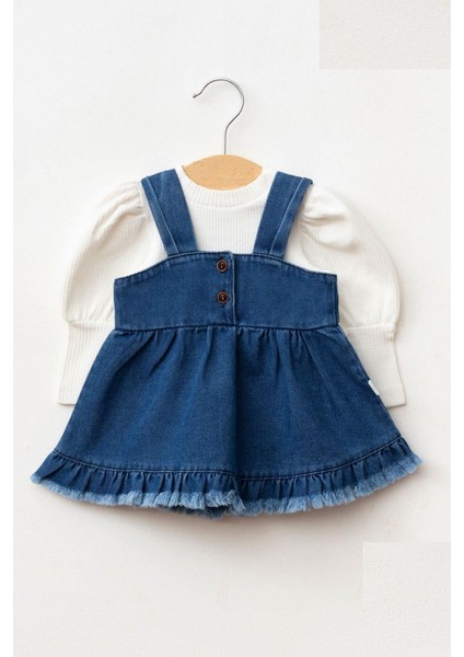Kız Bebek Püsküllü Kot Jile Elbise Balon Bluz Lüks Jean Takım
