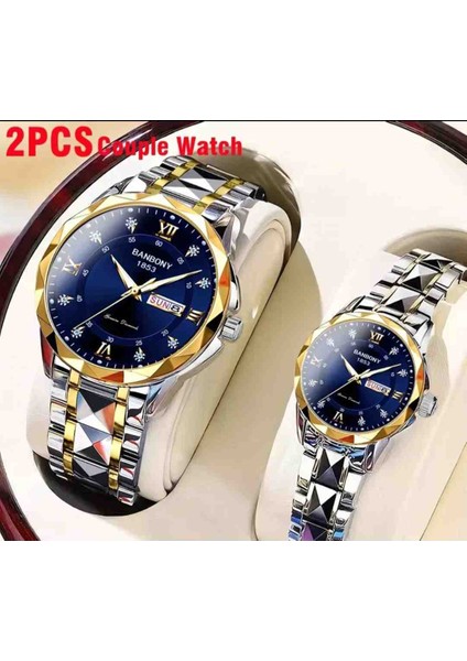 2 Adet Çift Saati Paslanmaz Çelik Erkek ve Kadın Lüx 1. Sınıf Kol Saati