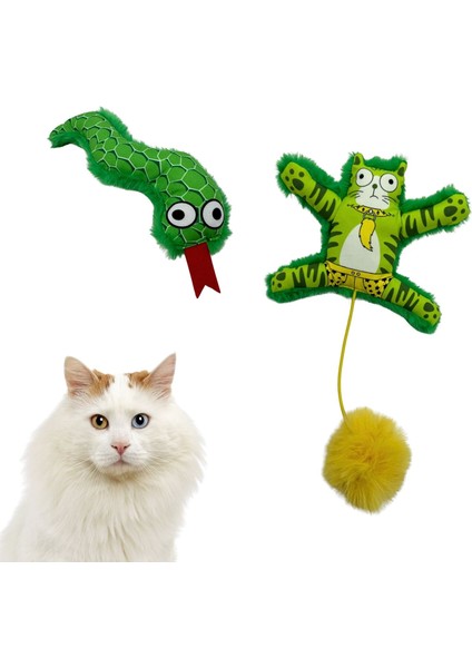 2'li Peluş Kedi Oyuncak Seti Ponponlu, Lastikli Kedi ve Yeşil Renkli Yılan Kedi Oyuncakları