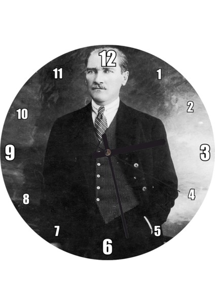 Atatürk Takım Yelek Bıyıklı Ayakta Duvar Saati (Çap 30X30 Cm)