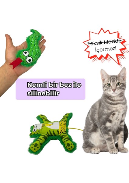 2'li Peluş Kedi Oyuncak Seti Ponponlu, Lastikli Kedi ve Yeşil Renkli Yılan Kedi Oyuncakları