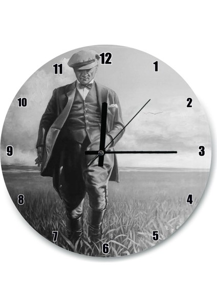 Siyah Beyaz Buğday Tarlasındaki Atatürk Duvar Saati (Çap 30X30 Cm)