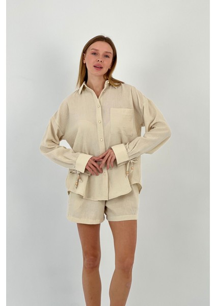 Kadın Yazlık Oversize Gömlek Mini Şort Alt Üst Bej Ikili Takım