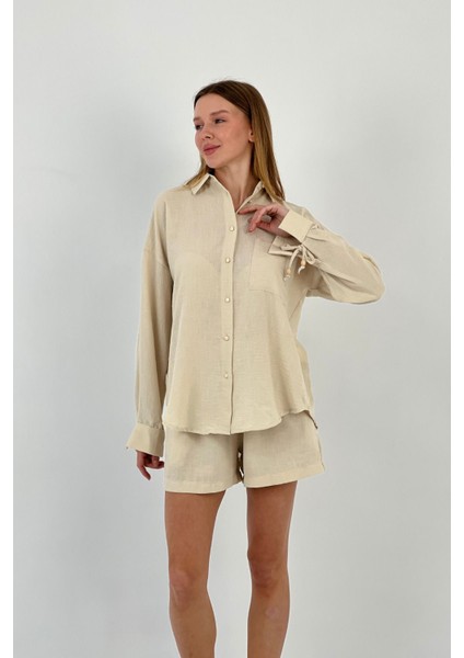 Kadın Yazlık Oversize Gömlek Mini Şort Alt Üst Bej Ikili Takım