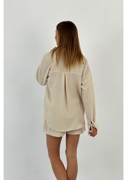 Kadın Yazlık Oversize Gömlek Mini Şort Alt Üst Bej Ikili Takım
