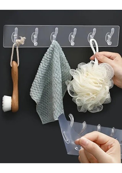 6'lı Şeffaf Mutfak Banyo Güçlü Yapışkanlı Tek Parça Plastik Askı