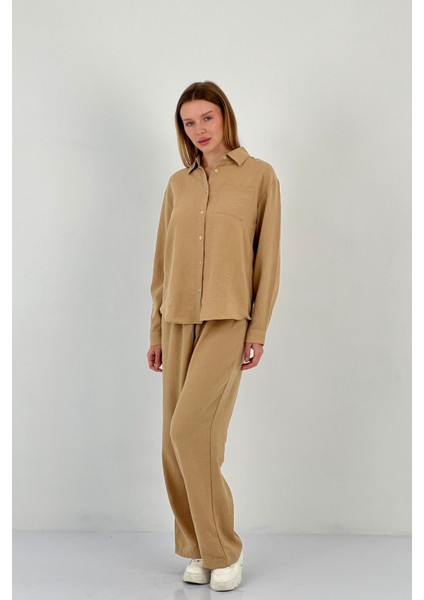 Kadın Oversize Gömlek Palazzo Pantolon Alt Üst Camel Ikili Takım