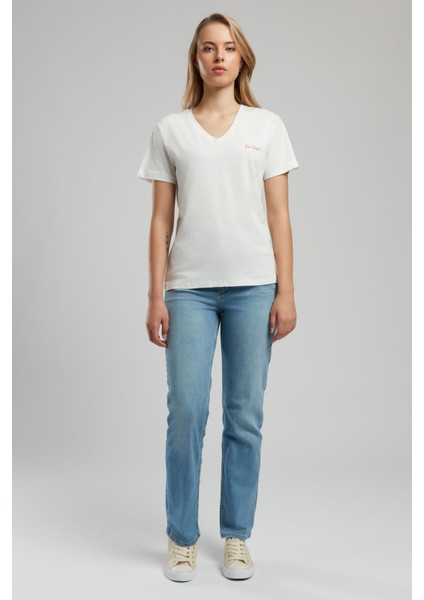 Sade Kadın V Yaka T-Shirt Ekru Ekru