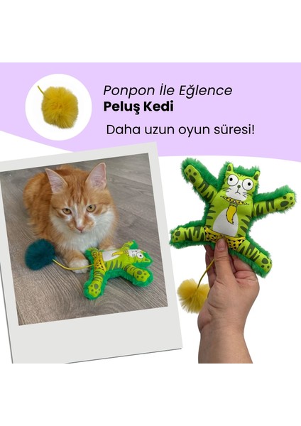 Yeşil Renkli Kedi Oyuncağı Ponponlu ve Lastikli Peluş Kedi Oyuncağı