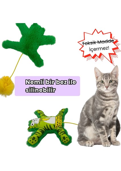 Yeşil Renkli Kedi Oyuncağı Ponponlu ve Lastikli Peluş Kedi Oyuncağı