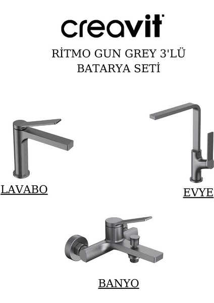 Ritmo Metalik Gri Batarya Seti 3’lü Banyo-Lavabo-Evye