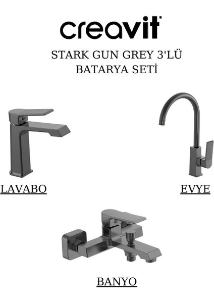 Stark Metalik Gri Batarya Seti 3’lü Banyo-Lavabo-Eviye