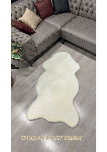 Tavşan Tüyü Krem Yumuşak Makinada Yıkanabilir Kaymaz ve Toplanmaz Süet Taban Post Halı