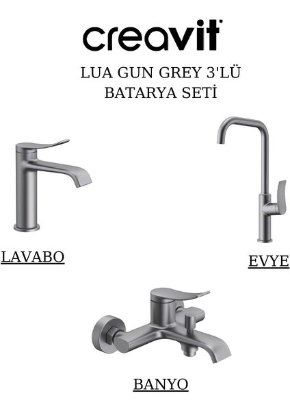 Lua Metalik Gri Batarya Seti 3’lü Banyo-Lavabo-Eviye