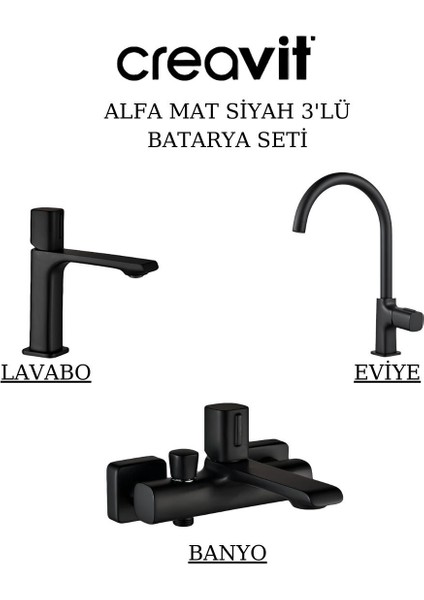 Alfa Mat Siyah Batarya Seti 3’lü Banyo-Lavabo-Eviye