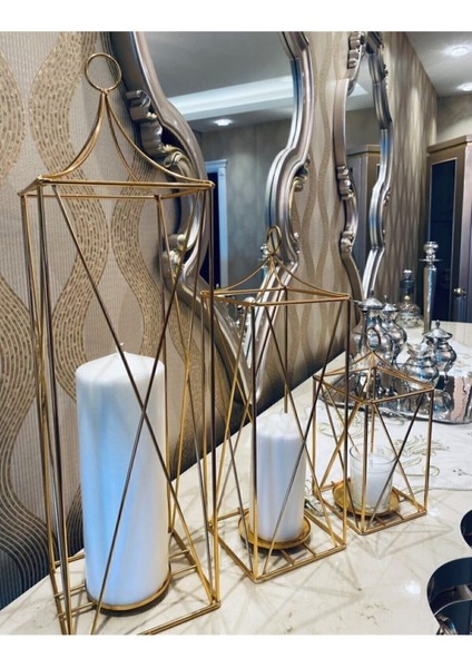 3lü Altın Dekoratif Kafes Mumluk Gold Fener Şamdan Metal Üçlü Takım FMA04459 indirimleri