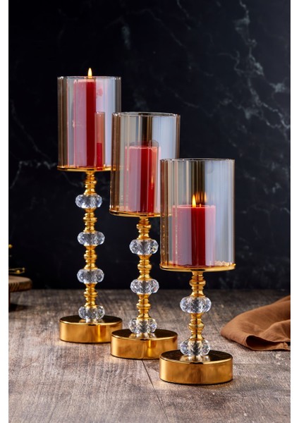 Kristal Taşlı Ayaklı Gold Şamdan 3'lü Set