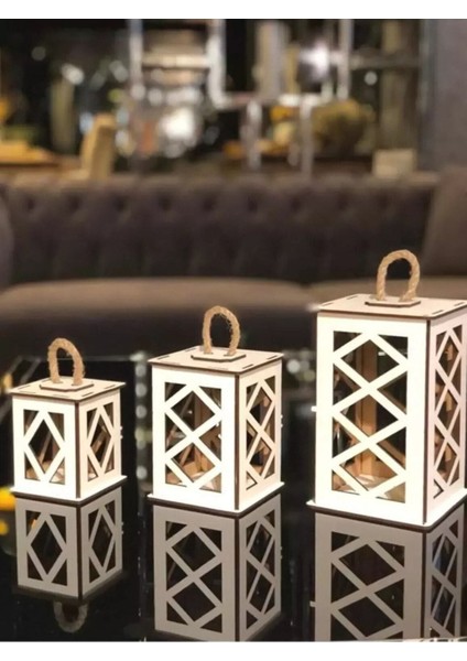 3'lü Mini Ahşap Dekoratif Süs Fener Seti