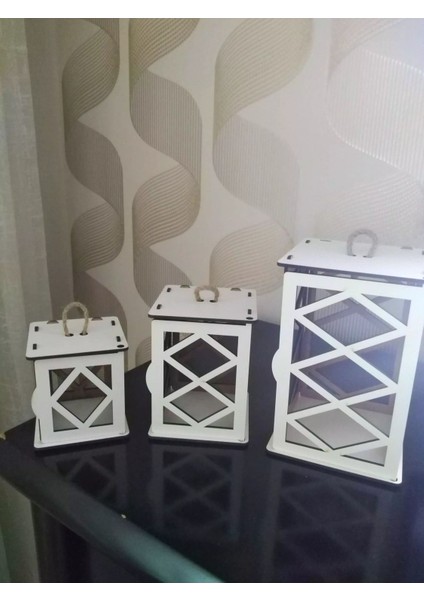 3'lü Mini Ahşap Dekoratif Süs Fener Seti modelleri