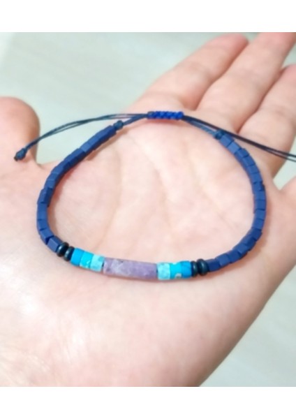 Ametist Varisit ve Hematit Doğaltaşlı Lacivert Küp Miyuki Boncuklu Unisex Bileklik modelleri