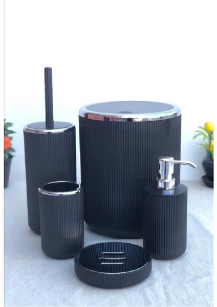 5 Parça Black & Black Banyo Seti Çöp Kovası Diş Fırçalık Sabunluk Fırçalık Seti