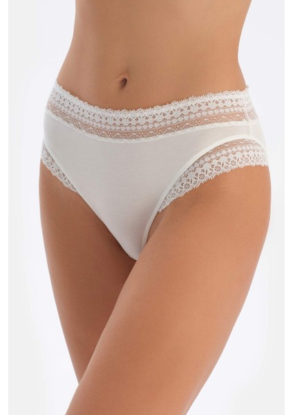 Kırık Beyaz Dantel Detaylı Kadın Brıef Külot Yumuşak Mikro Modal Kumaş Tekli Paket indirimleri
