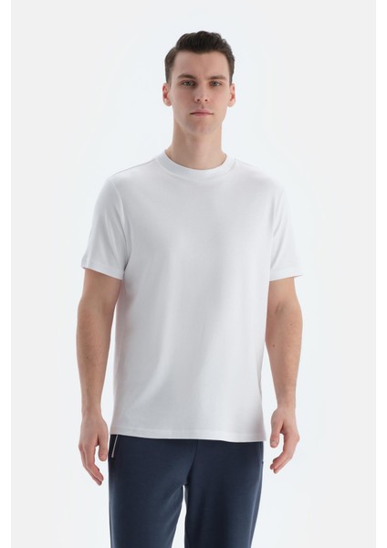 Beyaz Ipek Apre Interlok Bisiklet Yaka Tişört