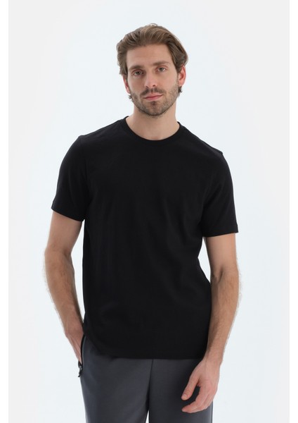 Siyah Ipek Apre Interlok Bisiklet Yaka Tişört