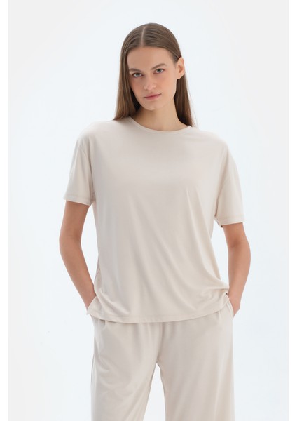 Krem Kısa Kollu Basıc Modal Tişört