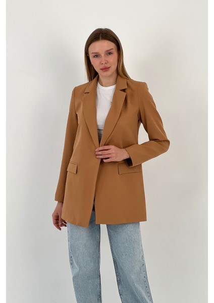 Kadın Yazlık Düğmeli Ofis Blazer Uzun Camel Ceket