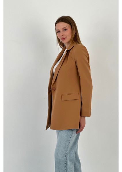 Kadın Yazlık Düğmeli Ofis Blazer Uzun Camel Ceket