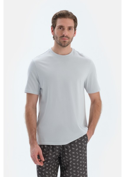 Açık Gri Kısa Kollu Bisiklet Yaka Basıc Tişört