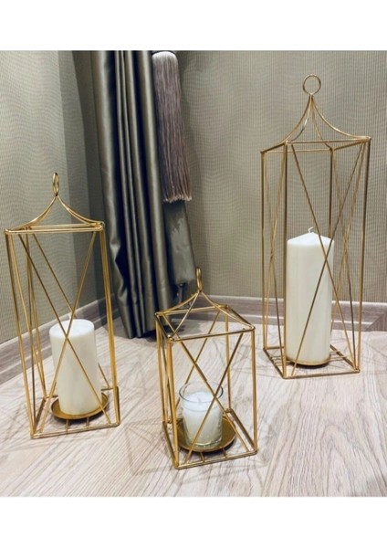 3lü Altın Dekoratif Kafes Mumluk Gold Fener Şamdan Metal Üçlü Takım