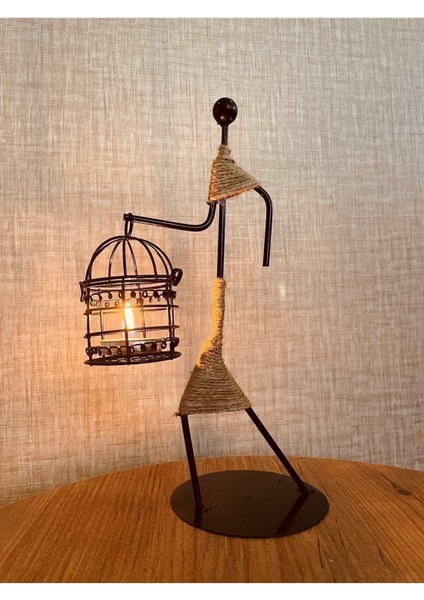 1 Vintage Iskandinav Demir Şamdan - Kafes Mumluk Siyah Metal 25 cm