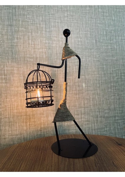 1 Vintage Iskandinav Demir Şamdan - Kafes Mumluk Siyah Metal 25 cm modelleri