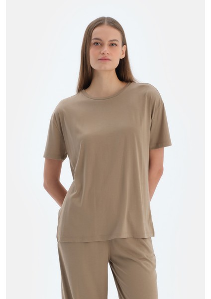 Sütlü Kahve Kısa Kollu Basıc Modal Tişört