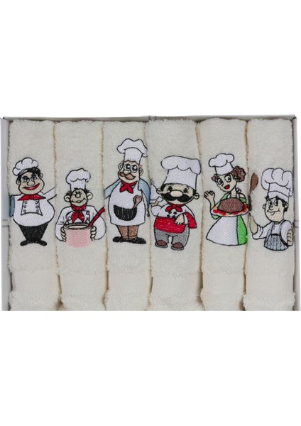 30X30 Aşçı Temalı Nakışlı 6'lı Kutulu Mutfak Havlu Seti