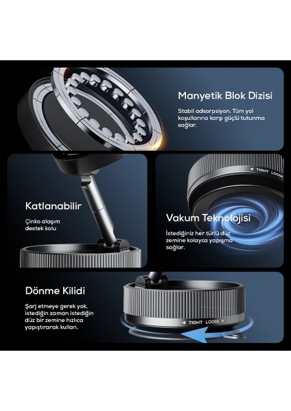 Vakumlu Katlanır Araç Telefon Tutucu - Ayna-Cam-Masa Uyumlu Manyetik MagSafe Özellikli