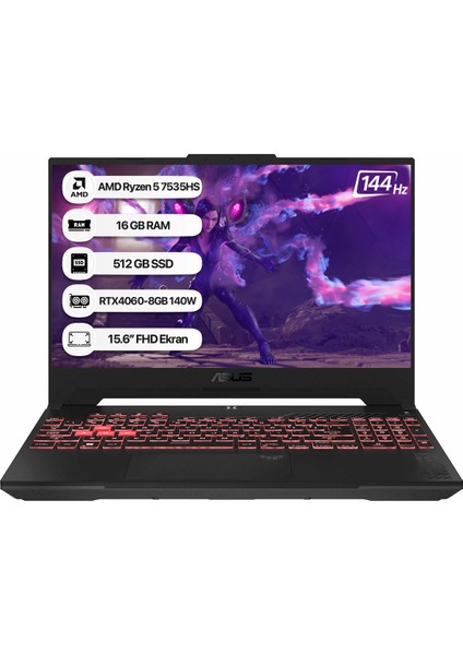 Tuf Gaming F15 FA507NV-LP104 Amd Ryzen 5 7535HS 16GB 512GB SSD RTX4060-8GB 140W Dos 15.6" 144Hz Fhd Taşınabilir Bilgisayar