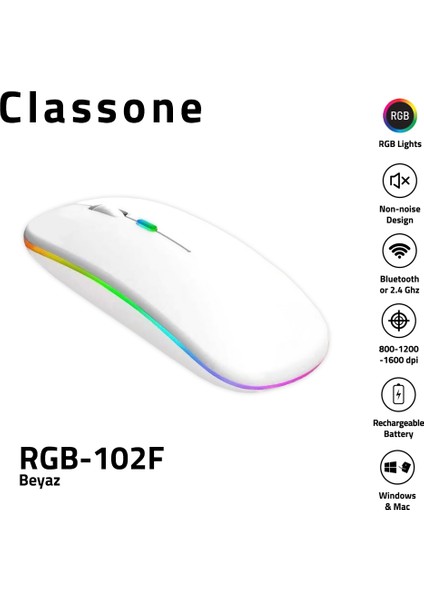 RGB-102F Rgb Işıklı, Efektli, Silent-Sessiz, Rf Kablosuz, Bluetooth Mouse - Beyaz
