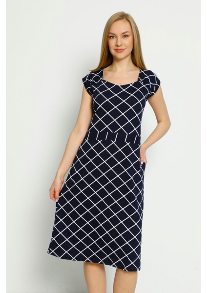 Desenli Kemerli Cepli Penye Modal Kısa Kollu Pamuklu Elbise