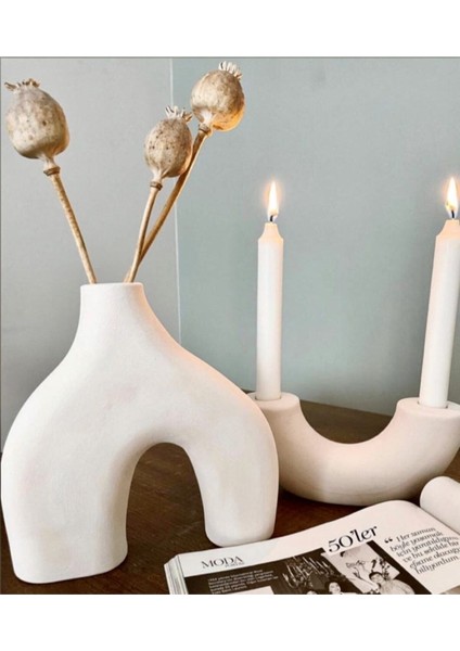 Beyaz Bipod Dekor Vazo & Şamdan-Mumluk 2’li Set fiyatları