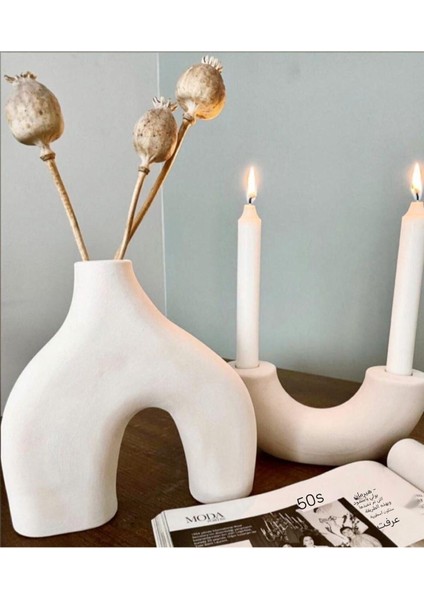 Beyaz Bipod Dekor Vazo & Şamdan-Mumluk 2’li Set modelleri