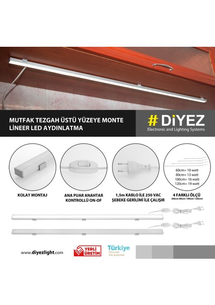 Trafosuz - Mutfak Tezgah Altı LED Aydınlatma Armatür - Ara Puarlı - 220V - 4000K Gün Işığı