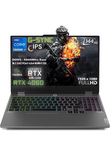 Loq 15IRX9 Intel Core I7 13650HX 8gb 1tb SSD Rtx 4060 (115W) 15.6" Srgb 144Hz Fhd IPS Panel Freedos Taşınabilir Bilgisayar 83DV011ETR P5
