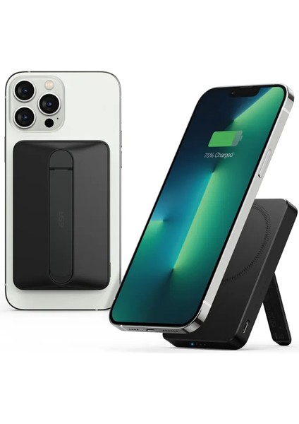 Magsafe Powerbank 6000 Mah Halolock Mini Kickstand Taşınabilir Şarj Cihazı - Siyah