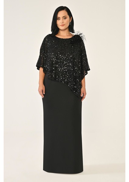 Payet Şallı Krep Uzun Abiye Elbise Alfa Beta