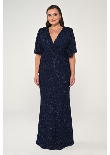 V Yaka Kısa Kollu Boncuklu Kumaş Uzun Abiye Elbise Alfa Beta