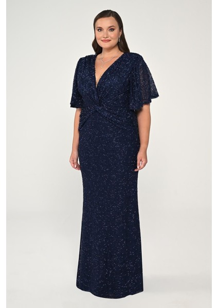 V Yaka Kısa Kollu Boncuklu Kumaş Uzun Abiye Elbise Alfa Beta fiyatları