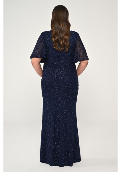 V Yaka Kısa Kollu Boncuklu Kumaş Uzun Abiye Elbise Alfa Beta modelleri